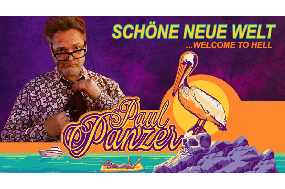 Paul Panzer vor lila Hintergrund, Pelikan auf Totenkopf, Text: 'Schöne neue Welt...Welcome to hell'. Boot und Frau im Wasser., © publiks