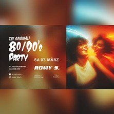Werbeplakat für eine 80er/90er-Party mit tanzenden Personen und Details zur Veranstaltung am 7. März im Romy S., © links im Bild Werbeplakat für eine 80er/90er-Party mit tanzenden Personen und Details zur Veranstaltung am 7. März im Romy S., © links im Bild