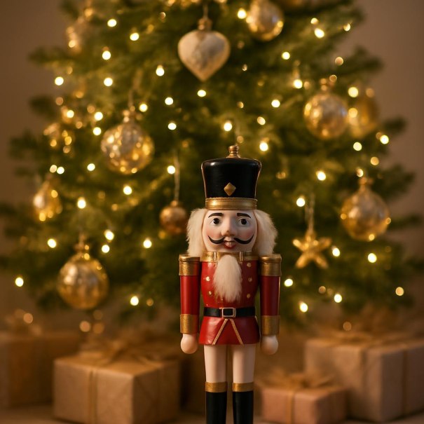 Ein Nussknacker in roter Uniform steht vor einem weihnachtlich geschmückten Baum mit goldenen Kugeln und Lichtern. Geschenke liegen darunter., © K. Sarantopoulos Ein Nussknacker in roter Uniform steht vor einem weihnachtlich geschmückten Baum mit goldenen Kugeln und Lichtern. Geschenke liegen darunter., © K. Sarantopoulos