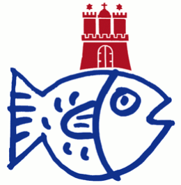 Ein stilisierter blauer Fisch mit einem roten Turm, der an das Hamburger Wappen erinnert., © WAGS Hamburg Events GmbH Ein stilisierter blauer Fisch mit einem roten Turm, der an das Hamburger Wappen erinnert., © WAGS Hamburg Events GmbH
