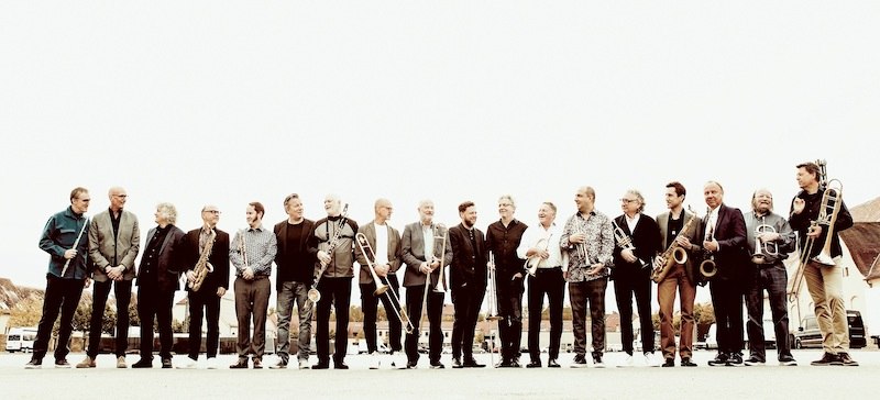 Eine Big Band mit 17 Musikern steht in einer Reihe im Freien, jeder hält ein Blasinstrument. Sie tragen legere bis formelle Kleidung., © SWR Big Band