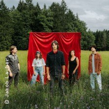 Fünf Personen posieren vor einem roten Vorhang auf einer Wiese, umgeben von Wald. Die Szene wirkt künstlerisch und natürlich zugleich., © links im Bild Fünf Personen posieren vor einem roten Vorhang auf einer Wiese, umgeben von Wald. Die Szene wirkt künstlerisch und natürlich zugleich., © links im Bild