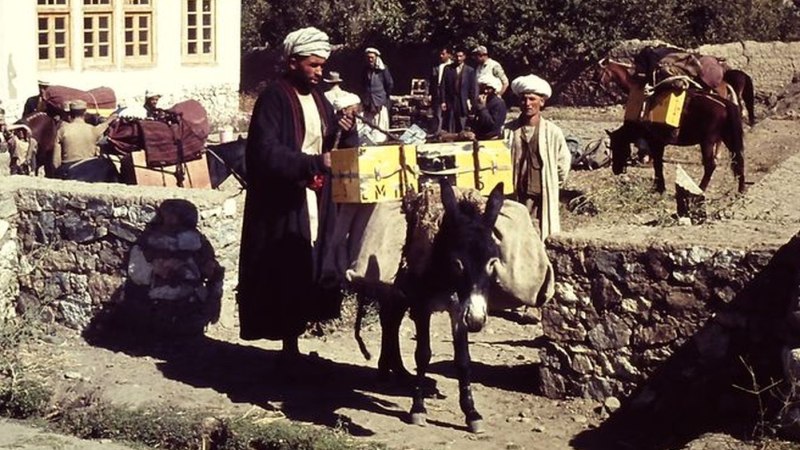 Männer führen beladene Esel und Pferde durch ein Dorf. Die Szene stammt aus der Stuttgarter Badakhshan-Expedition von 1962., © Krämer Männer führen beladene Esel und Pferde durch ein Dorf. Die Szene stammt aus der Stuttgarter Badakhshan-Expedition von 1962., © Krämer