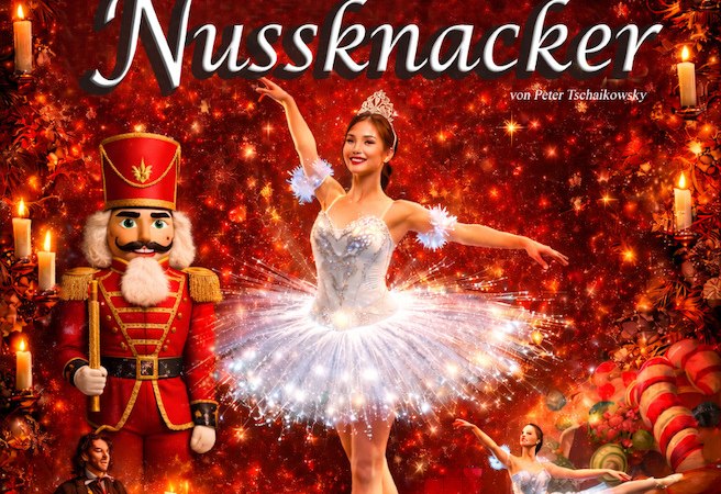 Poster for the ballet 'The Nutcracker' with dancers in front of a Christmas background. Suitable for children aged 4 and over, with narrator., © Point Event GmbH Poster for the ballet 'The Nutcracker' with dancers in front of a Christmas background. Suitable for children aged 4 and over, with narrator., © Point Event GmbH