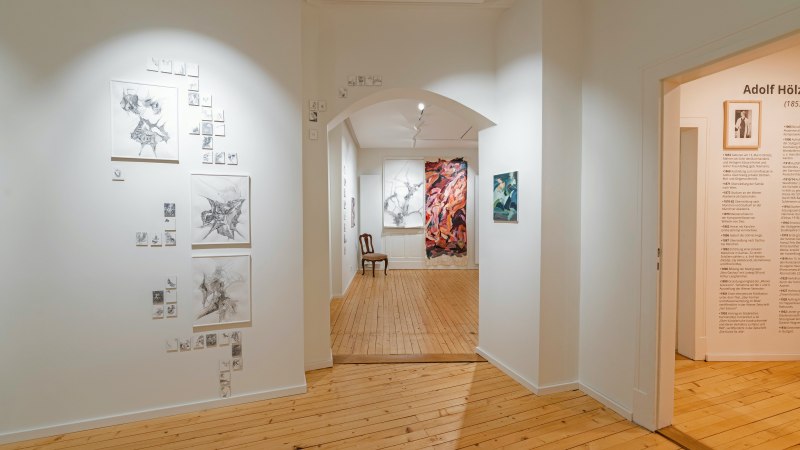 Ein heller Galerieraum mit Holzboden zeigt Kunstwerke an wei&szlig;en W&auml;nden. Ein Stuhl steht im Hintergrund, und ein Text &uuml;ber Adolf H&ouml;lzel ist sichtbar., &copy; Dominique Brewing