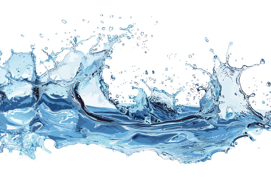 Dynamische Darstellung von spritzendem Wasser mit Wellen und Tropfen auf weißem Hintergrund., © Bild: IZKT