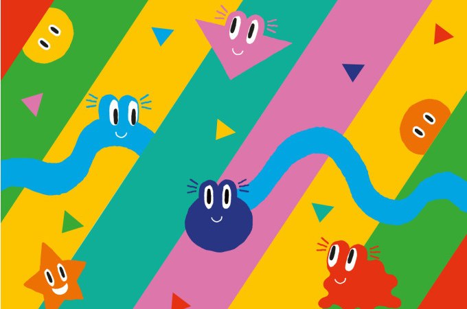 Colorful, cheerful shapes such as stars, circles and waves on a striped background in yellow, green, blue and pink., &copy; Landesmuseum W&uuml;rttemberg