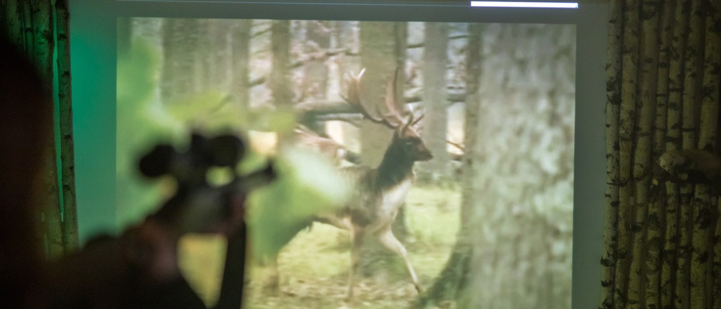 Ein Raum mit einer Projektion eines Hirsches im Wald. Im Vordergrund zielt eine Person mit einem Gewehr auf die Projektion., © TOMAS