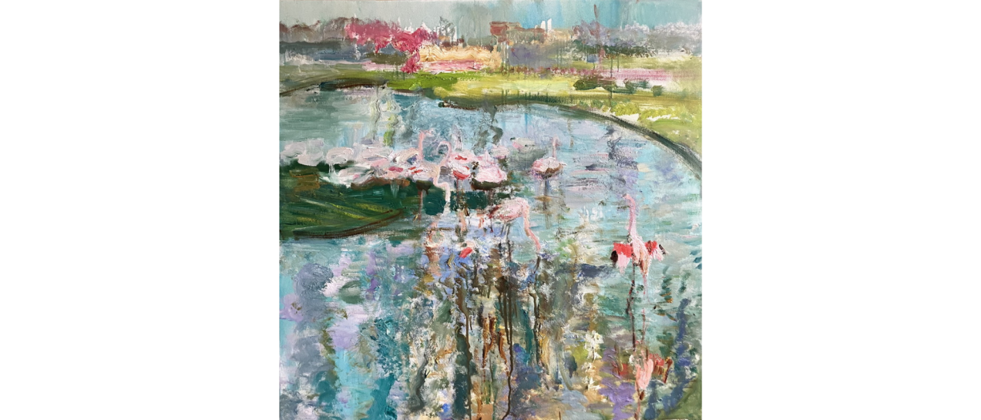 Impressionistisches Gemälde zeigt Flamingos an einem Teich. Lebendige Farben und abstrakte Formen schaffen eine verträumte, natürliche Szene., © Natalia Simonenko_Wilhelma2