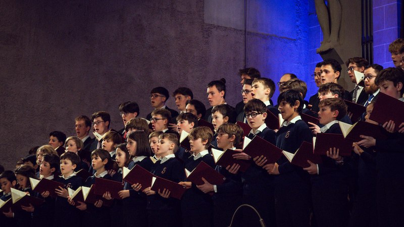 Ein Chor aus Jungen und M&auml;nnern singt in einem Konzert. Sie tragen dunkle Kleidung und halten Notenbl&auml;tter. Die B&uuml;hne ist in blauem Licht beleuchtet., &copy; Knabenchor collegium iuvenum Stuttgart