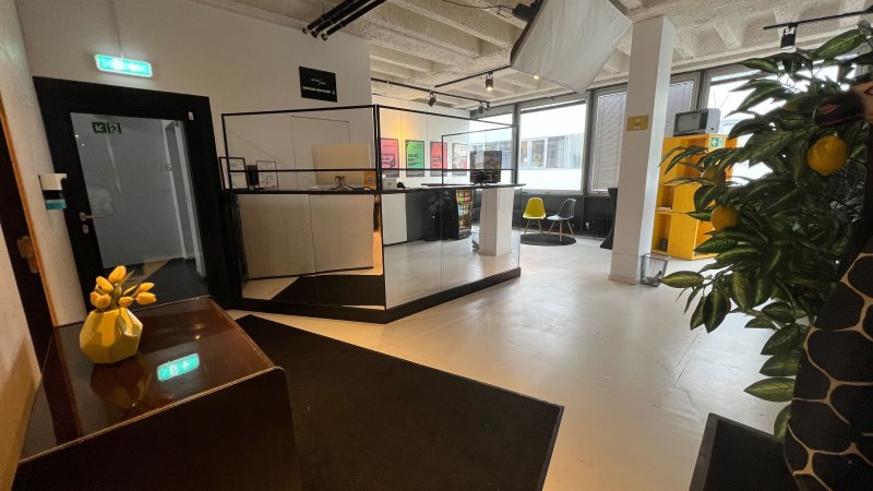 Modern reception area with counter, chairs and plants. Bright lighting and decorations create an inviting atmosphere., &copy; pause & play Stuttgart