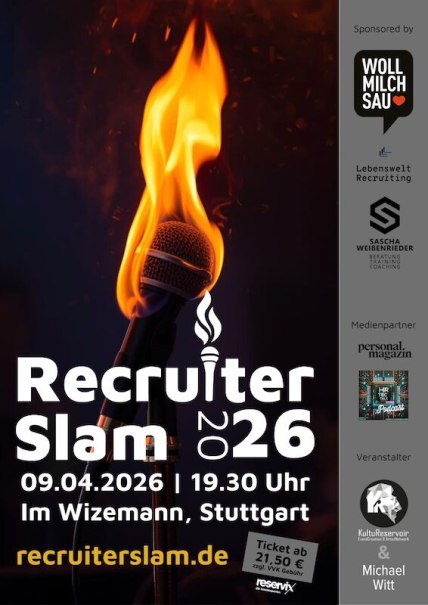 Plakat für den Recruiter Slam 2026 mit einem brennenden Mikrofon. Veranstaltung am 09.04.2026 um 19:30 Uhr im Wizemann, Stuttgart. Tickets ab 21,50 €., © KultuReservoir Biberach Plakat für den Recruiter Slam 2026 mit einem brennenden Mikrofon. Veranstaltung am 09.04.2026 um 19:30 Uhr im Wizemann, Stuttgart. Tickets ab 21,50 €., © KultuReservoir Biberach