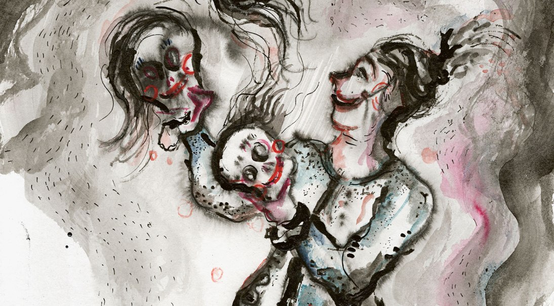 Expressionistische Illustration einer Figur, die zwei Masken hält. Die Szene ist in dunklen und rosa Tönen gehalten, mit dynamischen Pinselstrichen., © Ulrike Theusner, Courtesy Galerie EIGEN + ART, Leipzig/Berlin Expressionistische Illustration einer Figur, die zwei Masken hält. Die Szene ist in dunklen und rosa Tönen gehalten, mit dynamischen Pinselstrichen., © Ulrike Theusner, Courtesy Galerie EIGEN + ART, Leipzig/Berlin