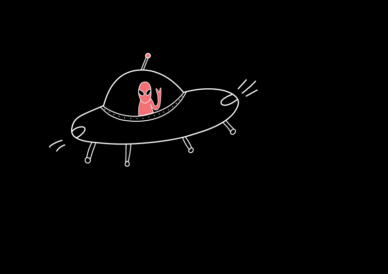 Ein rotes Alien in einem UFO winkt freundlich auf schwarzem Hintergrund., © Württembergische Staatstheater Stuttgart Ein rotes Alien in einem UFO winkt freundlich auf schwarzem Hintergrund., © Württembergische Staatstheater Stuttgart