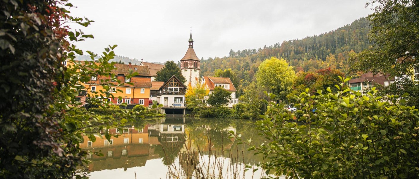 Town lake in Bad Liebenzell with colorful houses and church tower, surrounded by autumnal trees. Reflection in the water, framed by green bushes., © SMG, Sarah Schmid Town lake in Bad Liebenzell with colorful houses and church tower, surrounded by autumnal trees. Reflection in the water, framed by green bushes., © SMG, Sarah Schmid