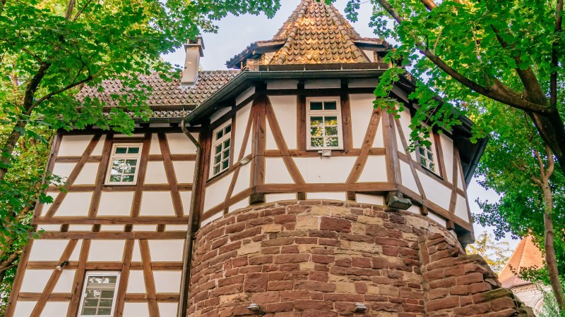 Fachwerkhaus mit roten Ziegeln und steinernem Sockel, umgeben von grünen Bäumen im Bohnenviertel., © SMG Thomas Niedermüller Fachwerkhaus mit roten Ziegeln und steinernem Sockel, umgeben von grünen Bäumen im Bohnenviertel., © SMG Thomas Niedermüller