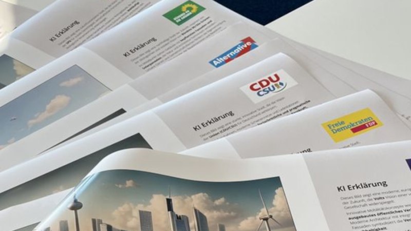 Parteizeitungen mit Logos von SPD, Grünen, AfD, CDU/CSU und FDP auf einem Tisch. Sie enthalten Texte und Bilder zur KI-Erklärung., © Foto: Landtagswahl.AI Parteizeitungen mit Logos von SPD, Grünen, AfD, CDU/CSU und FDP auf einem Tisch. Sie enthalten Texte und Bilder zur KI-Erklärung., © Foto: Landtagswahl.AI