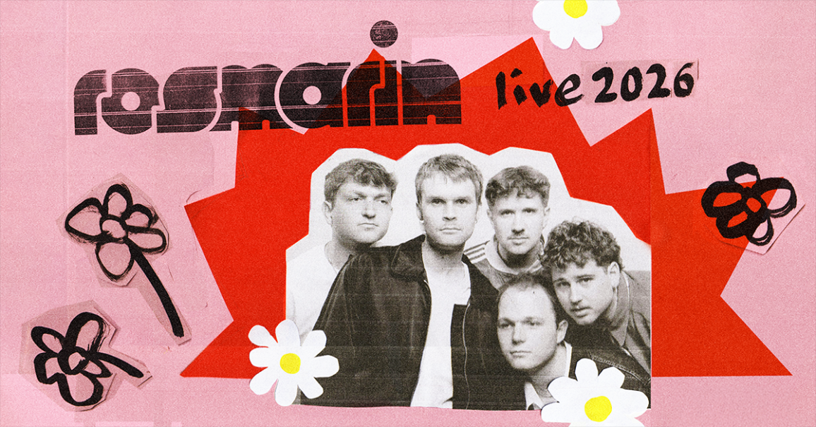 Collage mit einem Foto einer Band, umgeben von gezeichneten Blumen und dem Text 'rosmarin live 2026' auf rosa und rotem Hintergrund., &copy; links im Bild