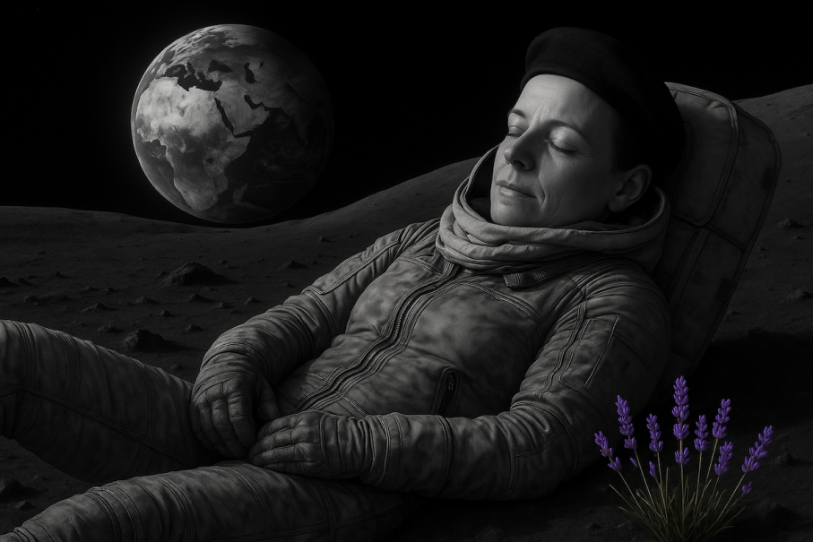 Ein Astronaut schl&auml;ft friedlich auf der Mondoberfl&auml;che. Im Hintergrund ist die Erde zu sehen, w&auml;hrend Lavendelbl&uuml;ten neben ihm wachsen., &copy; Fotocredit Theater La Lune Stuttgart