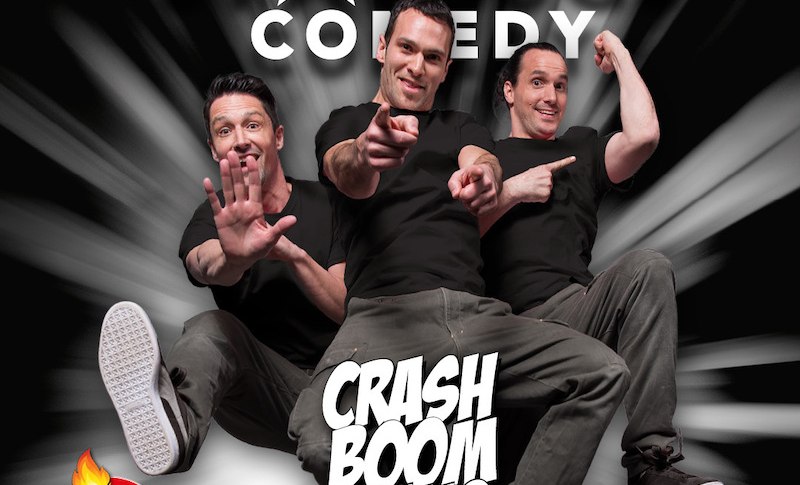 Drei M&auml;nner in schwarzen T-Shirts posieren dynamisch vor einem schwarz-wei&szlig;en Hintergrund. Der Text 'Starbugs Comedy' und 'Crash Boom Bang' ist zu sehen., &copy; Theaterhaus Stuttgart e.V.