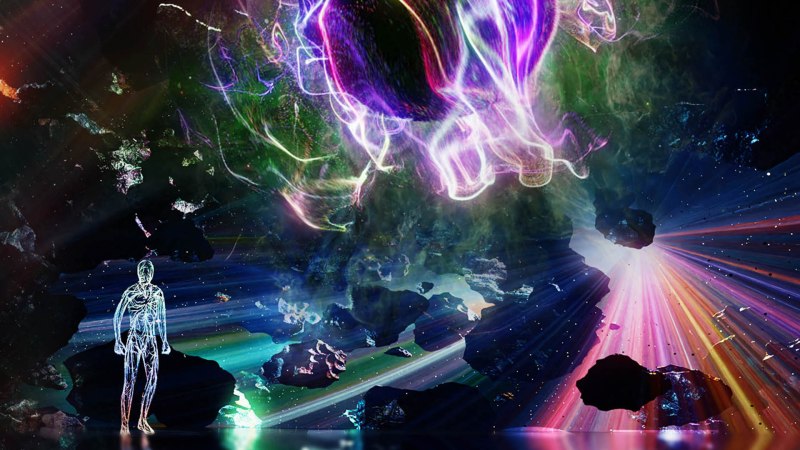 Bunte Lichteffekte im Weltraum mit einer menschlichen Silhouette. Farbenfrohe Strahlen und Formen erzeugen eine futuristische Atmosph&auml;re., &copy; Planetarium Stuttgart