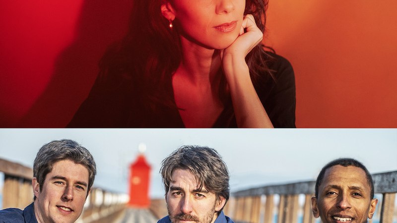 Olivia Trummer posiert vor einem roten Hintergrund. Darunter das Trio Triosence auf einem Steg mit rotem Leuchtturm im Hintergrund., &copy; Theaterhaus Stuttgart e.V.