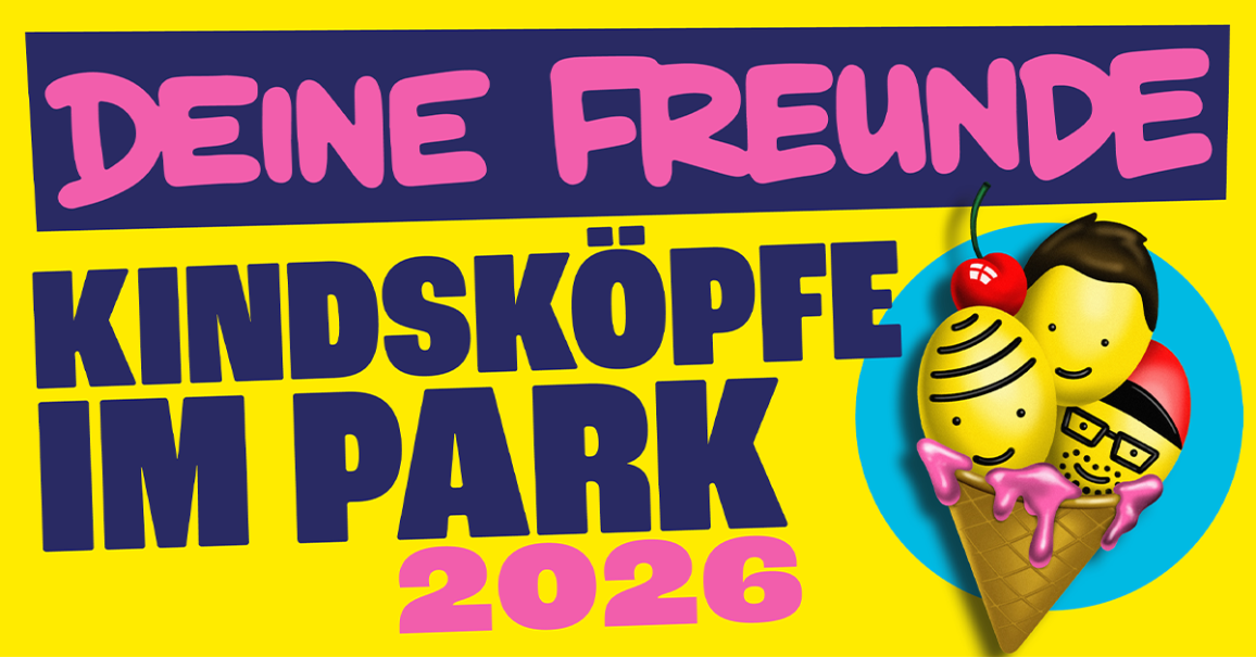 Bunte Grafik mit dem Text 'Deine Freunde - Kindsk&ouml;pfe im Park 2026' und drei stilisierten K&ouml;pfen in einer Eist&uuml;te auf gelbem Hintergrund., &copy; links im Bild