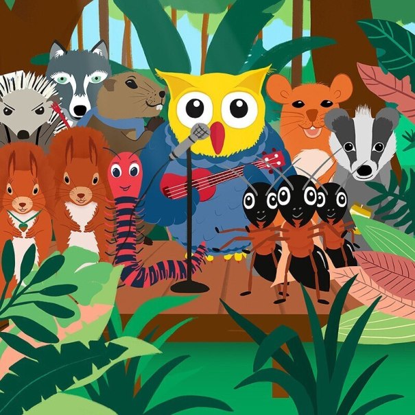 Eine bunte Gruppe von Tieren, darunter eine Eule mit Gitarre, versammelt sich im Wald. Sie stehen auf einer Bühne, umgeben von Pflanzen., © Theaterhaus Stuttgart e.V. Eine bunte Gruppe von Tieren, darunter eine Eule mit Gitarre, versammelt sich im Wald. Sie stehen auf einer Bühne, umgeben von Pflanzen., © Theaterhaus Stuttgart e.V.