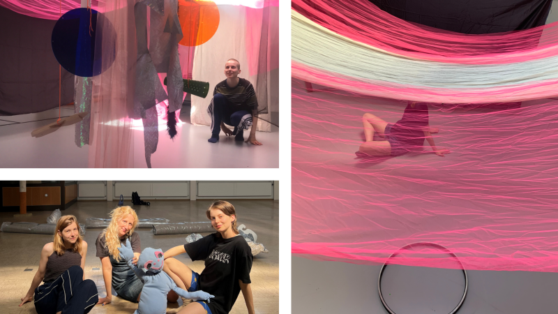 Collage aus drei Bildern: Personen in künstlerischen Installationen mit bunten Stoffen und Objekten. Eine Gruppe sitzt mit einer Puppe auf dem Boden., © Alexandra Haas & Lynn Scheidweiler Collage aus drei Bildern: Personen in künstlerischen Installationen mit bunten Stoffen und Objekten. Eine Gruppe sitzt mit einer Puppe auf dem Boden., © Alexandra Haas & Lynn Scheidweiler