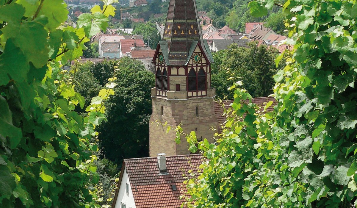 The parish church of St. Andreas in Uhlbach stands out among green vines, with hills and houses in the background., © Stuttgart-Marketing GmbH