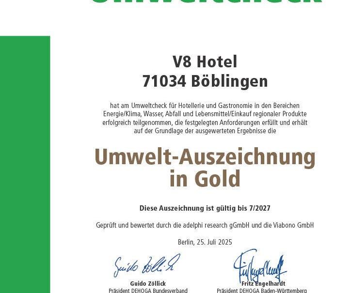 Zertifikat des DEHOGA Umweltchecks f&uuml;r das V8 Hotel in B&ouml;blingen, ausgezeichnet mit der Umwelt-Auszeichnung in Gold., &copy; V8 HOTEL
