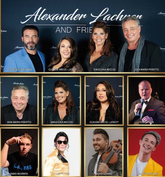 Collage von Künstlern, darunter Alexander Lachner, Claudia Greco und Anuschka Miccoli, vor einem Hintergrund mit dem Schriftzug 'Alexander Lachner and Friends'., © Alexander Lachner and Friends Collage von Künstlern, darunter Alexander Lachner, Claudia Greco und Anuschka Miccoli, vor einem Hintergrund mit dem Schriftzug 'Alexander Lachner and Friends'., © Alexander Lachner and Friends