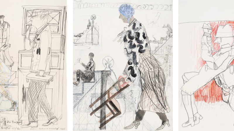 Three drawings by Romane Holderried Kaesdorf show figures in motion and interaction. The scenes are dynamic and rich in detail., &copy; &copy;Nachlass Romane Holderried Kaesdorf / Foto: Frank Kleinbach, Stuttgart