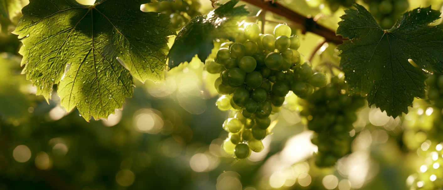 Grüne Weintrauben am Rebstock im warmen Sonnenlicht, umgeben von großen Weinblättern und weichem Bokeh., © SMG / KI-generiert Grüne Weintrauben am Rebstock im warmen Sonnenlicht, umgeben von großen Weinblättern und weichem Bokeh., © SMG / KI-generiert