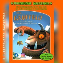 Plakat der Puppenb&uuml;hne Maatzamba mit dem Gr&uuml;ffelo, einem freundlichen Monster, das Kinder ab 2 Jahren anspricht. Bunte Gestaltung mit orangefarbenem Hintergrund., &copy; links im Bild