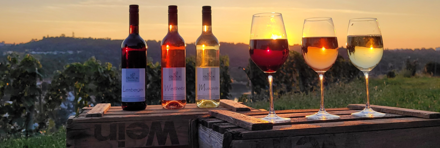 Three wine bottles and three filled glasses stand on wooden crates in the vineyard. In the background, the sun sets over the hills., © Weinbau Glock und Sohn GbR