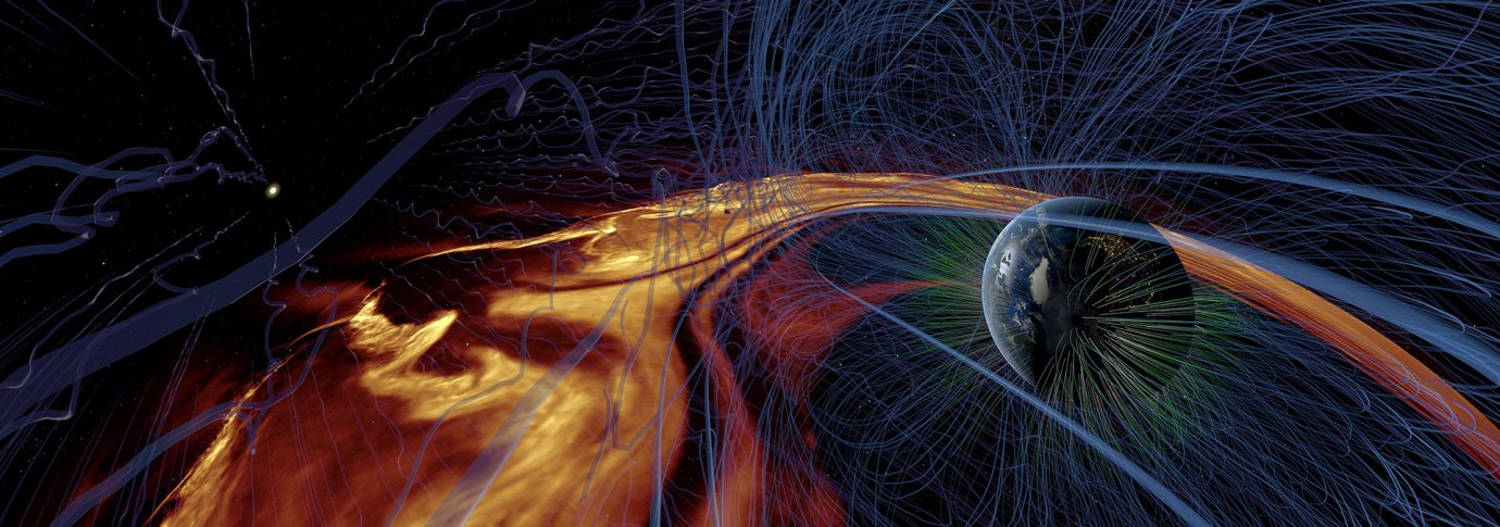 Illustration des Sonnenwinds, der die Erde erreicht. Geladene Teilchen und Magnetfeldlinien sind sichtbar, die die Erde umgeben., © Planetarium Stuttgart