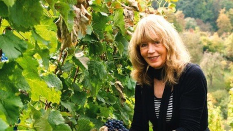 Eine Frau mit blonden Haaren erntet Trauben in einem grünen Weinberg. Sie trägt Handschuhe und lächelt in die Kamera., © Elsbeth Koch