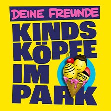 Bunte Grafik mit dem Text 'Deine Freunde Kindsköpfe im Park' und drei stilisierten Köpfen in einer Eistüte auf gelbem Hintergrund., © links im Bild Bunte Grafik mit dem Text 'Deine Freunde Kindsköpfe im Park' und drei stilisierten Köpfen in einer Eistüte auf gelbem Hintergrund., © links im Bild