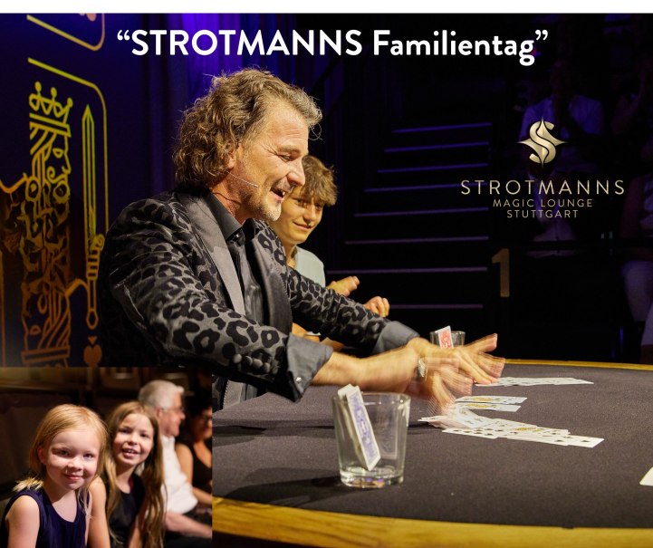 A magician performs card tricks in STROTMANN's Magic Lounge. Spectators, including children, watch in fascination., © Strotmanns Magic Lounge A magician performs card tricks in STROTMANN's Magic Lounge. Spectators, including children, watch in fascination., © Strotmanns Magic Lounge