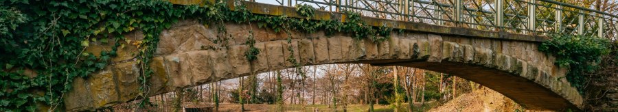 Steinbrücke mit Efeu bewachsen, darunter ein Weg in einem herbstlichen Park mit kahlen Bäumen und vereinzelten Sträuchern., © Thomas Niedermüller
