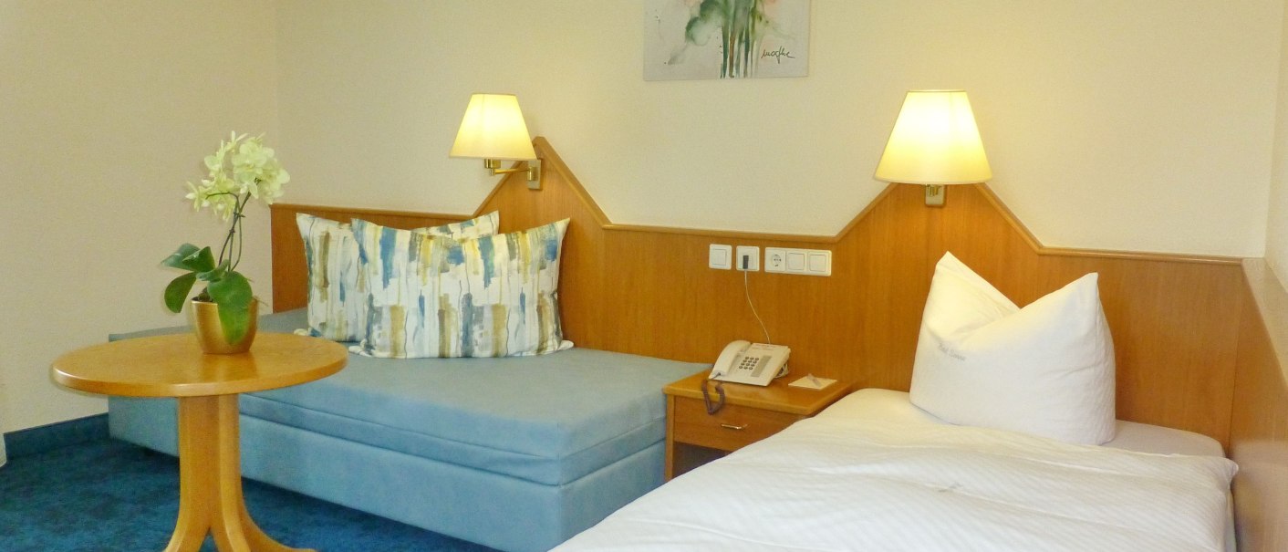 A cozy single room with a bed, a small sofa, a round wooden table and a table lamp. A picture of flowers hangs on the wall., © Hotel & Restaurant Sonne