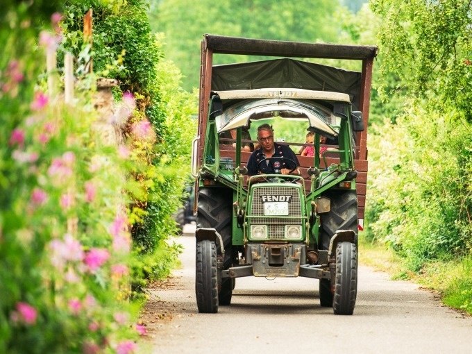 A green Fendt tractor drives along a narrow path surrounded by flowering bushes., © Cool-Tours StattReisen A green Fendt tractor drives along a narrow path surrounded by flowering bushes., © Cool-Tours StattReisen